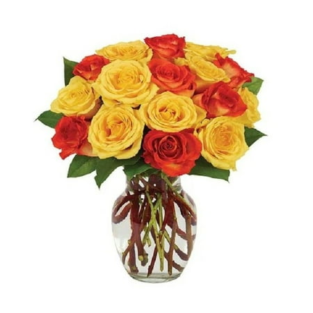 Flower Country - Rose Bouquet: 24 Orange, Yellow, & Multicolor Roses with Vase, Decorative