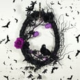 thumbnail image 1 of Halloween Lighted Wreath, Pre-lit Black Wreaths with Rose and Feathered Crow Light Up 20 LED Purple Lights, Natural Vines with Artificial Leaves, Front Door Wall Halloween Decorations, 1 of 6