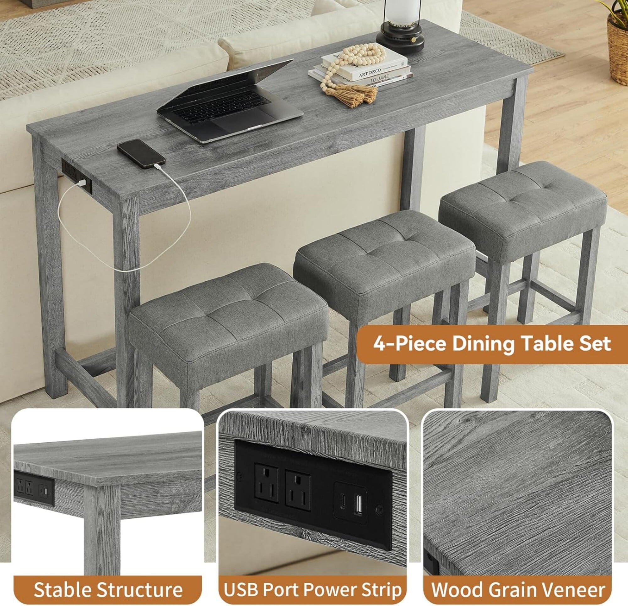 AENKYO 4-Piece Bar Table Set with Charging Station, 59" Counter Height Table and 3 Upholstered Stools for Small Space, Gray