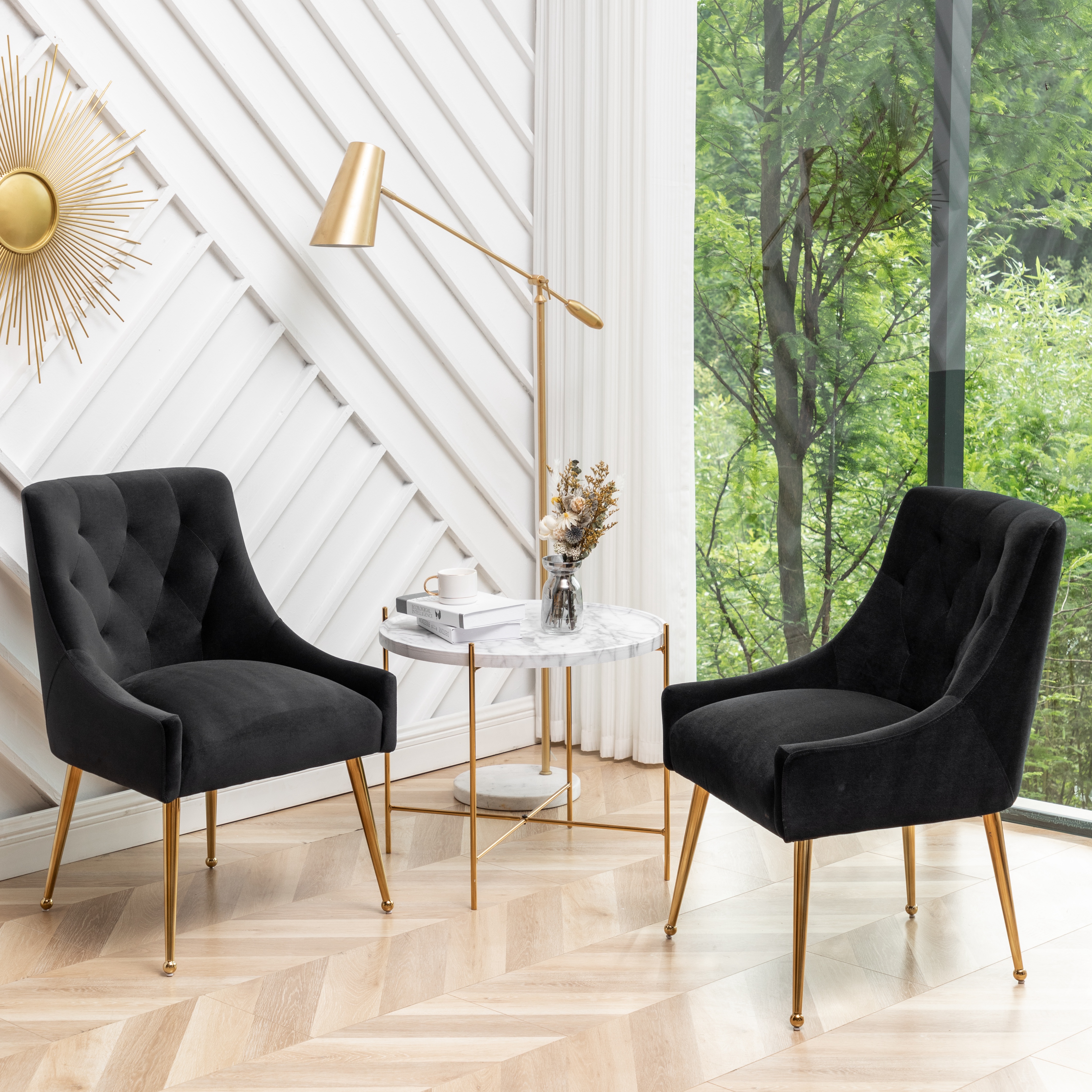 Tufted back dining chair velvet side chair gold metal legs dining chair Set of 2