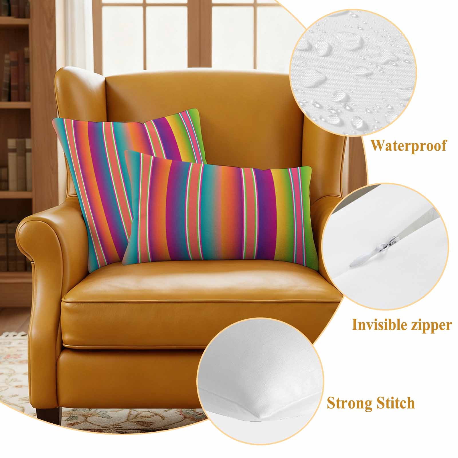 Mexican Style Outdoor Waterproof Throw Pillow Covers 26x26 Set of 2, Colorful Mexico Stripes Orange Purple Decorative Pillowcases Cushion Pillowcase for Couch Sofa Patio Outside Pillow Protector
