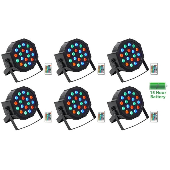 (6) Rockville BATTERY PAR 50 Rechargeable LED DMX DJ Club Wash Up-Lights Remote