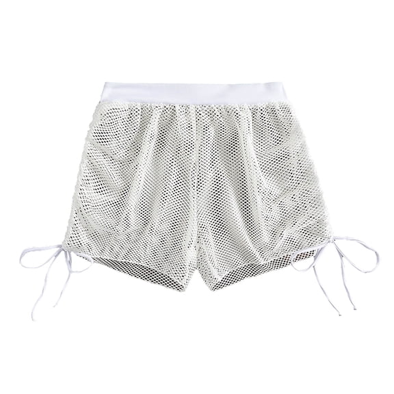 JIAYUE Womens Beach Swimwear Mesh Bikini Cover Up Shorts Adjustable Side Tie Hollow Breathable High Waisted Summer Vacation Coverup Bottoms