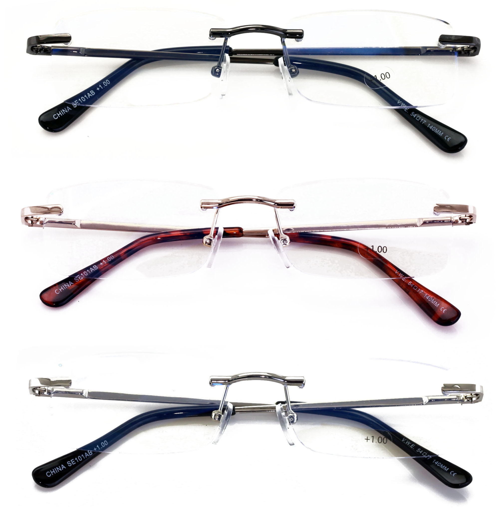 3 Pairs Super Lightweight Slim Sleek Full Rimless Reading Glasses Metal Frame- Rectangular Anti Blue Blocker UV Protection Reader Clear Lens 2.50