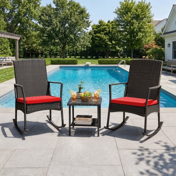 Devoko 3 Pieces Patio Rattan Rocking Chair Set with Cushion and Table Outdoor Porch and Garden Furniture Set, Red