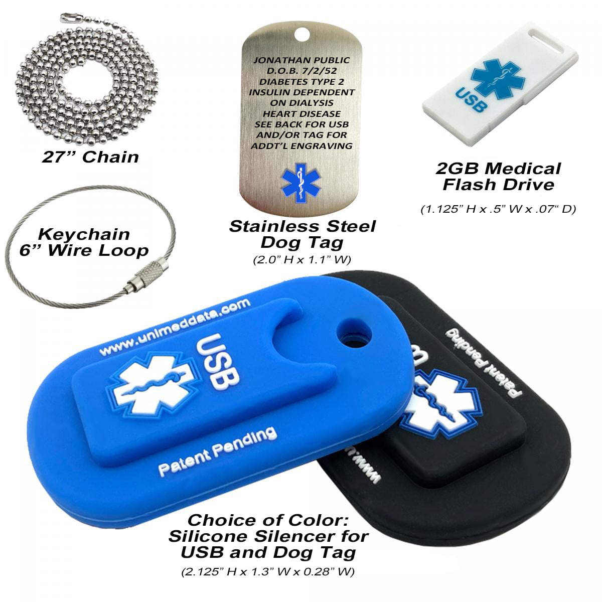 Military Dog Tag Medical Alert Necklace - Blue Aluminum Engraved