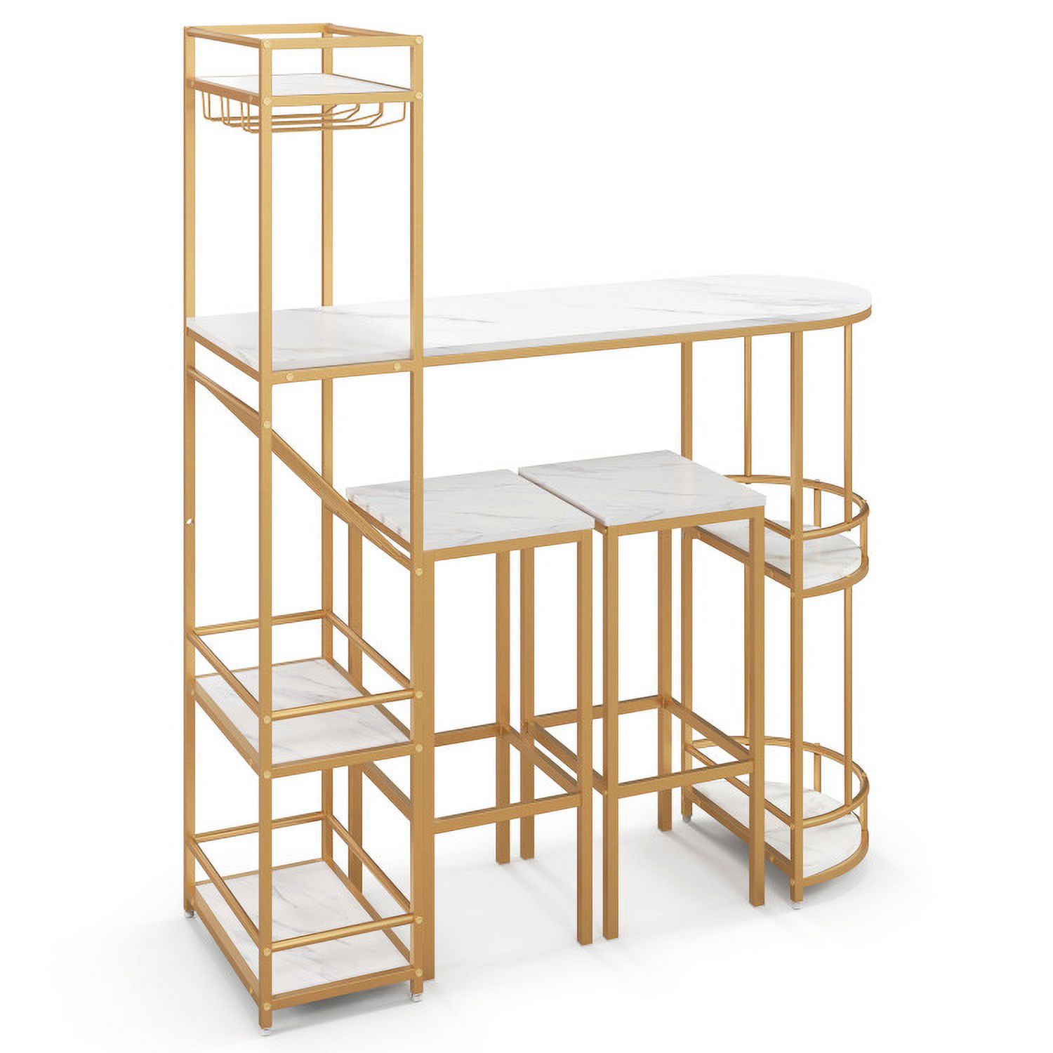 Finihen Dining Set, Dining Table Set, 3 Pieces Bar Table Set with Storage Shelves and Wine Rack, for Home, Restaurant, Golden Finihen Dining Set, Dining Table Set, 3 Pieces Bar Table Set with Storage Shelves and Wine Rack, for Home, Restaurant, Golden
