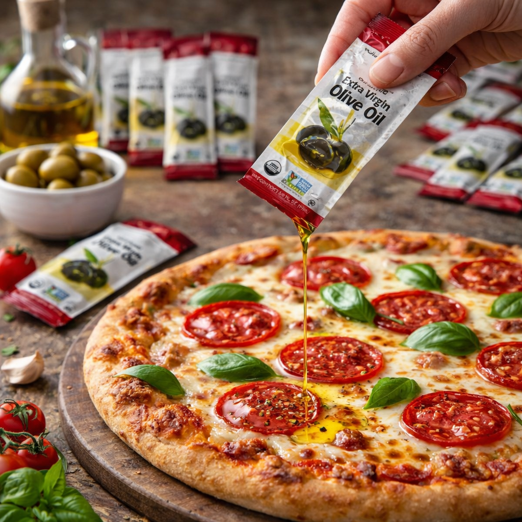 Organic Extra Virgin Olive Oil Packets – 15 Count | Single Serve Portion Control | .375 fl oz Each | Restaurant & Takeout Use