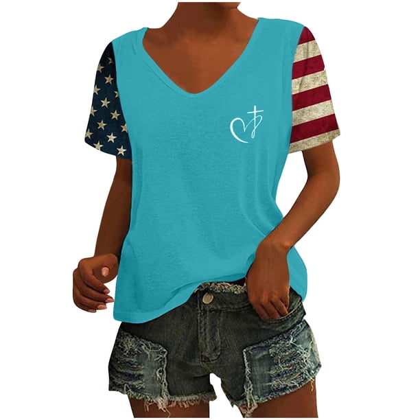 Fiudx Liquidación de Ofertas Flash Top de Manga Corta con Cuello En V Estampado Del Día de La Independencia para Mujer Tops de Manga Corta con Cuello En V