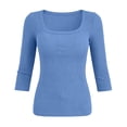 thumbnail image 7 of Hurxie Womens 3/4 Sleeve Scoop Neck Top Ribbed Knit Slim Fitted Casual Basic Tee Shirts Trendy Work T-Shirt Outfits Blue,S, 7 of 7