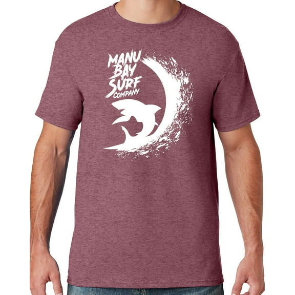 Mens Manu Bay Surf Company WHITE SURFING SHARK T-shirt, Large Vintage Heather Maroon