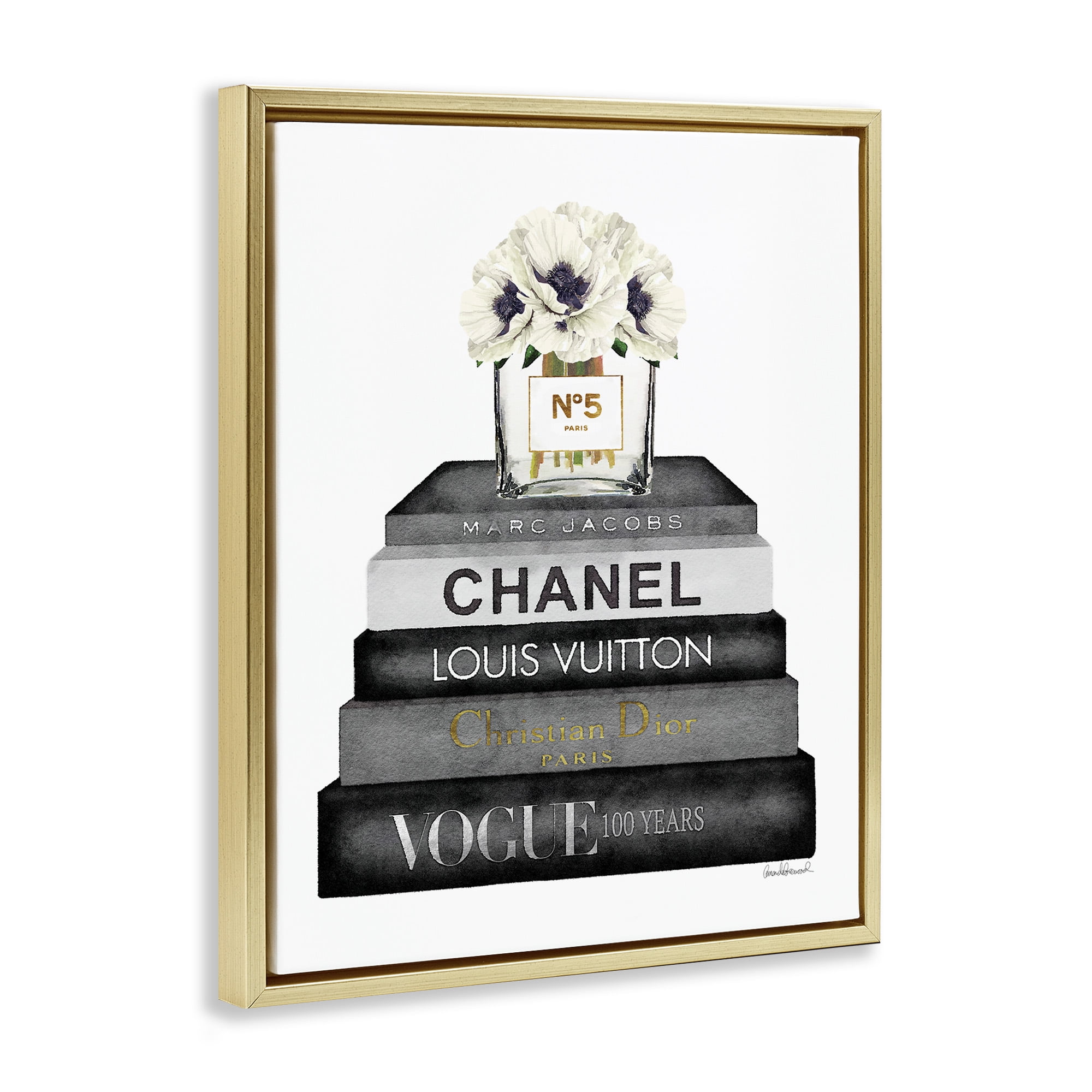 Stupell Industries Monochrome Fashion Designer Bookstack Beauty & Fashion Painting Gold Floater Framed Canvas Art Print Wall Art, 17 x 21
