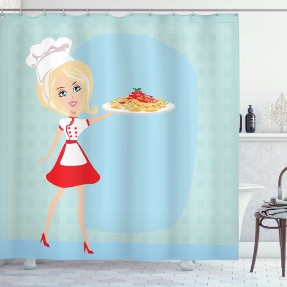 Ambesonne Italian Shower Curtain, Blonde Chef with Spaghetti, 69"Wx75"L, Multicolor