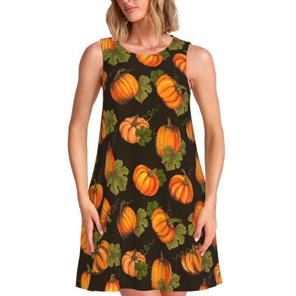 Balery Orange Pumpkin Vestidos de verano para mujer con estampado: vestido holgado sin mangas, vestido playero informal y cómodo para días calurosos.