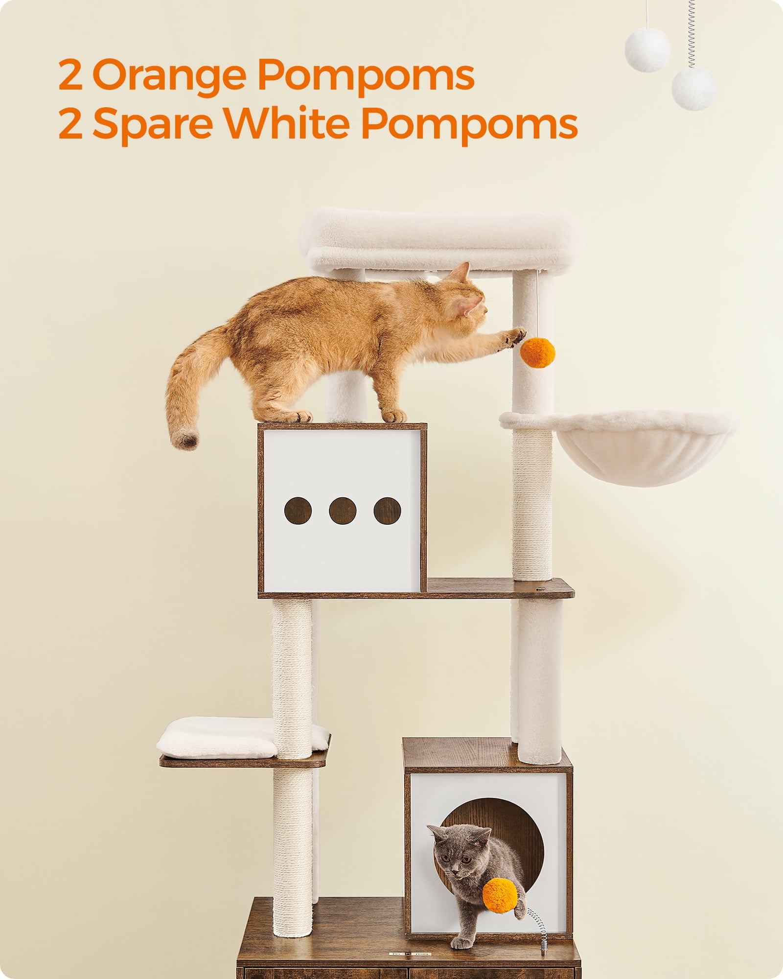 Cat Tree with Litter Box Enclosure - 2-in-1 Modern Cat Tower | 72.8-Inch Tall Condo with Scratching Posts, Perch, Caves, Basket, Washable Cushions, Rustic Brown