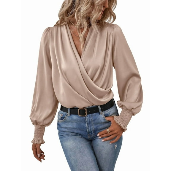 Women'S Elegant V-Neck with Lantern Sleeves Temperament Commuting Solid Color Shirt Top  XL