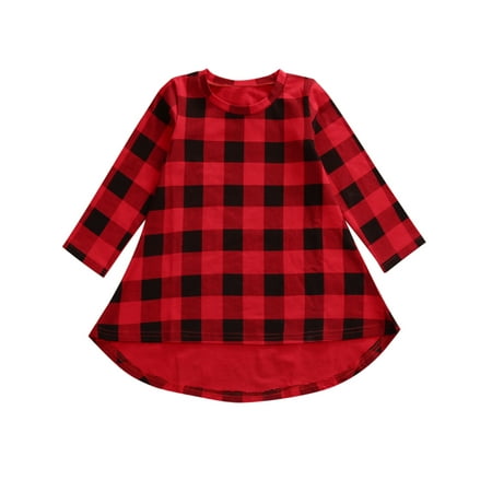 Bilo store Little Girl Black and Red Checked Plaid Long Sleeve Cotton Casual Party Dress (110/4-5