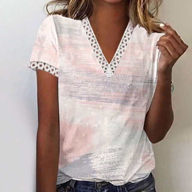 Hauts d'Été pour Femmes 2023 Mode Oversize Col en V Patchwork en Dentelle Manches Courtes Blouse Décontractée Chemises Col en V en Dentelle pour Femmes