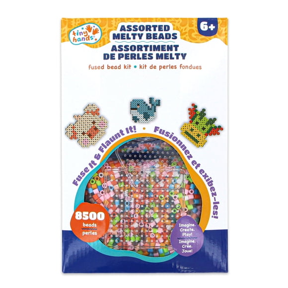 TINY HANDS Assorted Melty Beads Fused Bead Kit, 8,500 Beads Craft Kit for Kids Ages 6+, DIY Bead Set with Pegboards, Tweezers, Ironing Sheets and Instructions