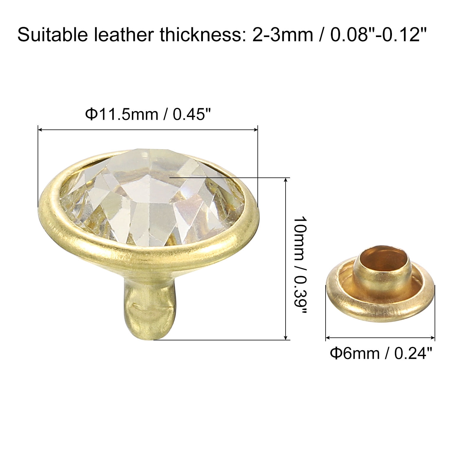 200Pack Gold Rhinestone Rivets, 11.5mm/0.45" Leathercraft Rivets Crystal Rivets for DIY Leather Craft Making