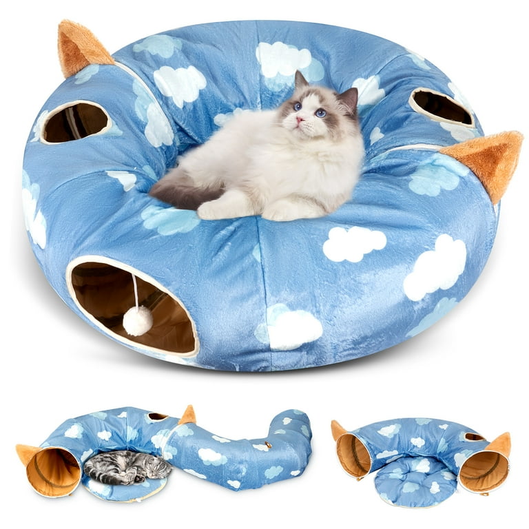 Free Shipping 2 in 1 Cat Tunnel Bed for Indoor Donut Bed with Play Ball Pet Cushion Tunnel Tube Toys for Kitten Puppy Play Foldable Soft Flannel Cat Lounge with 3 Holes Walmart