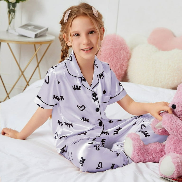 GYUJNB Girls Tween Pajamas Set 2 Pcs Satin Silky PJS Button Down Sleepwear Short Sleeve Matching Pants for Mommy Kids Walmart