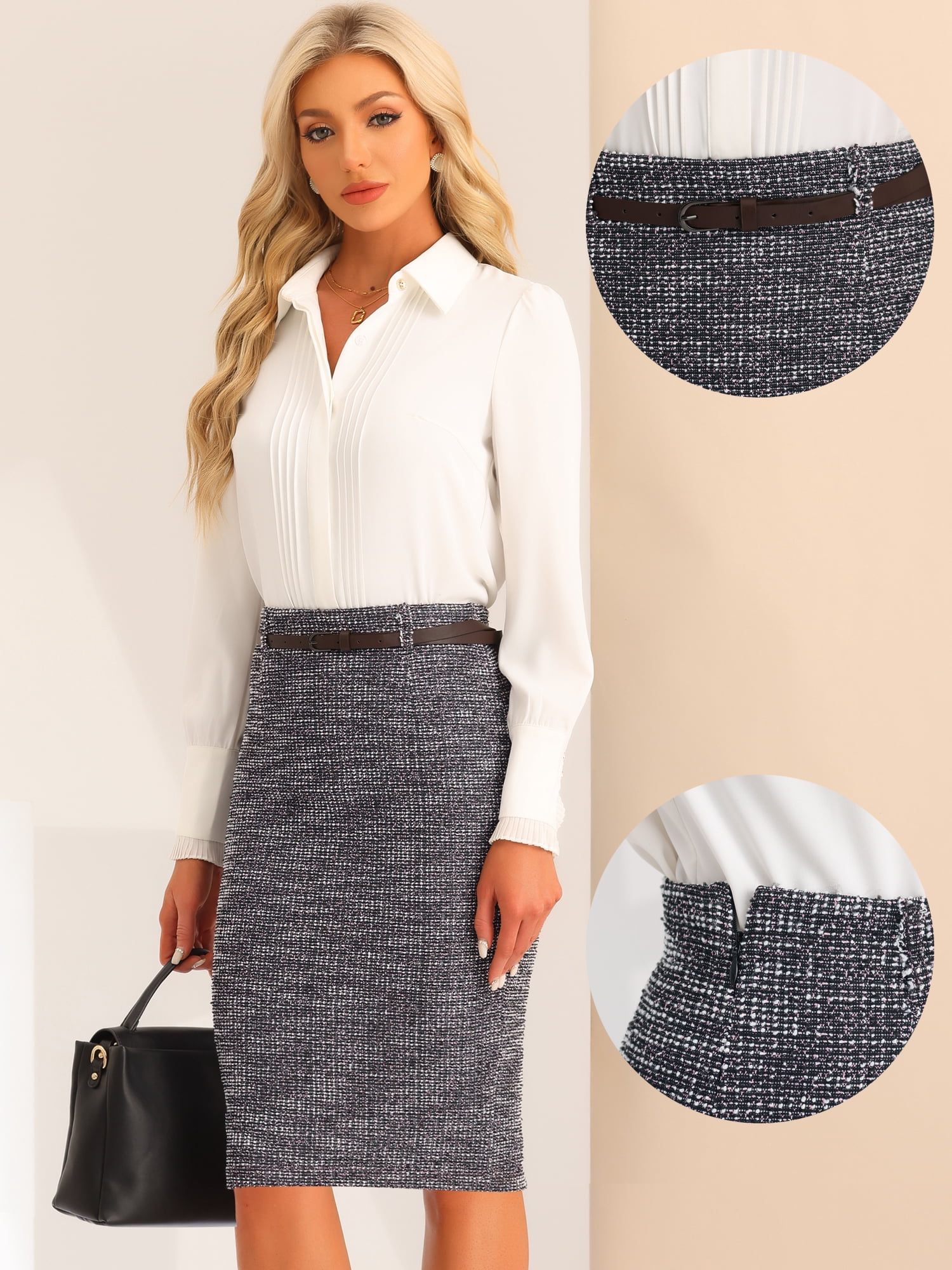 Unique Bargains Women's Belt Waist High Waist Slit Back H Line Tweed Office Skirt M Black