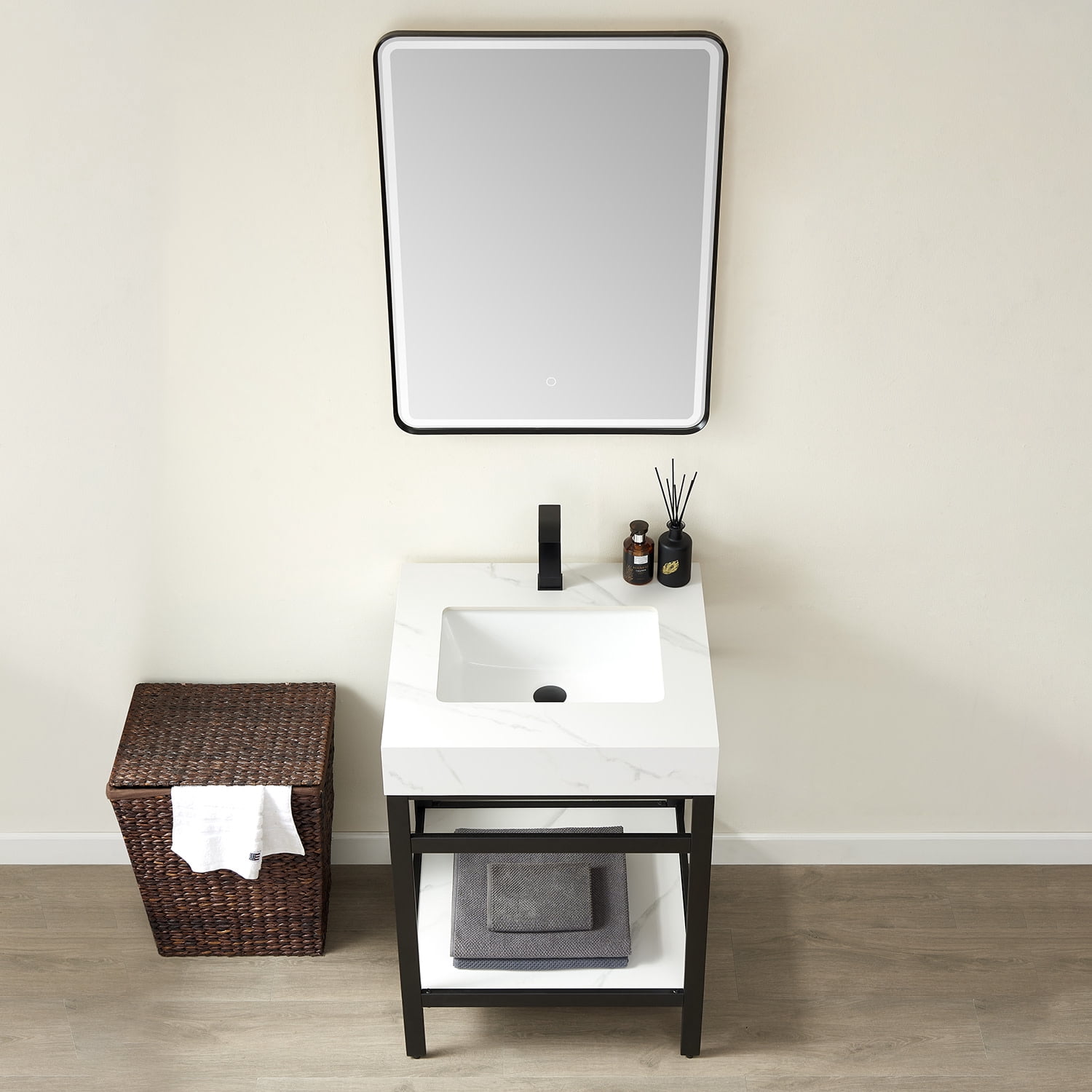 Funes 24" Single Sink Bathroom Vanity in Matte Black Frame White Top No Mirror