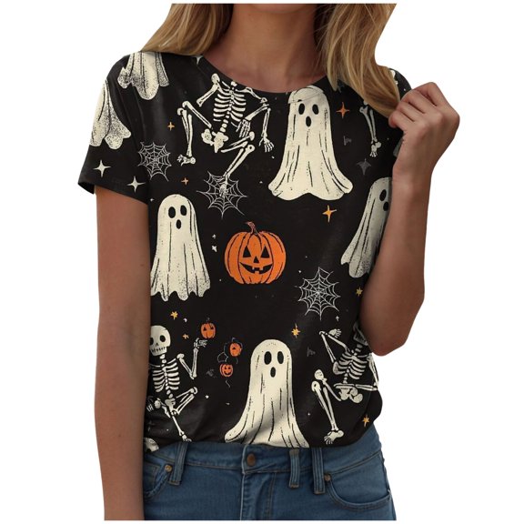 enyan Women's Halloween Shirts Cute Ghost Pumpkin Graphic Tee Spooky Season Shirt Vintage Short Sleeve Casual Fall Tops Halloween Womens Shirts Black,XXL
