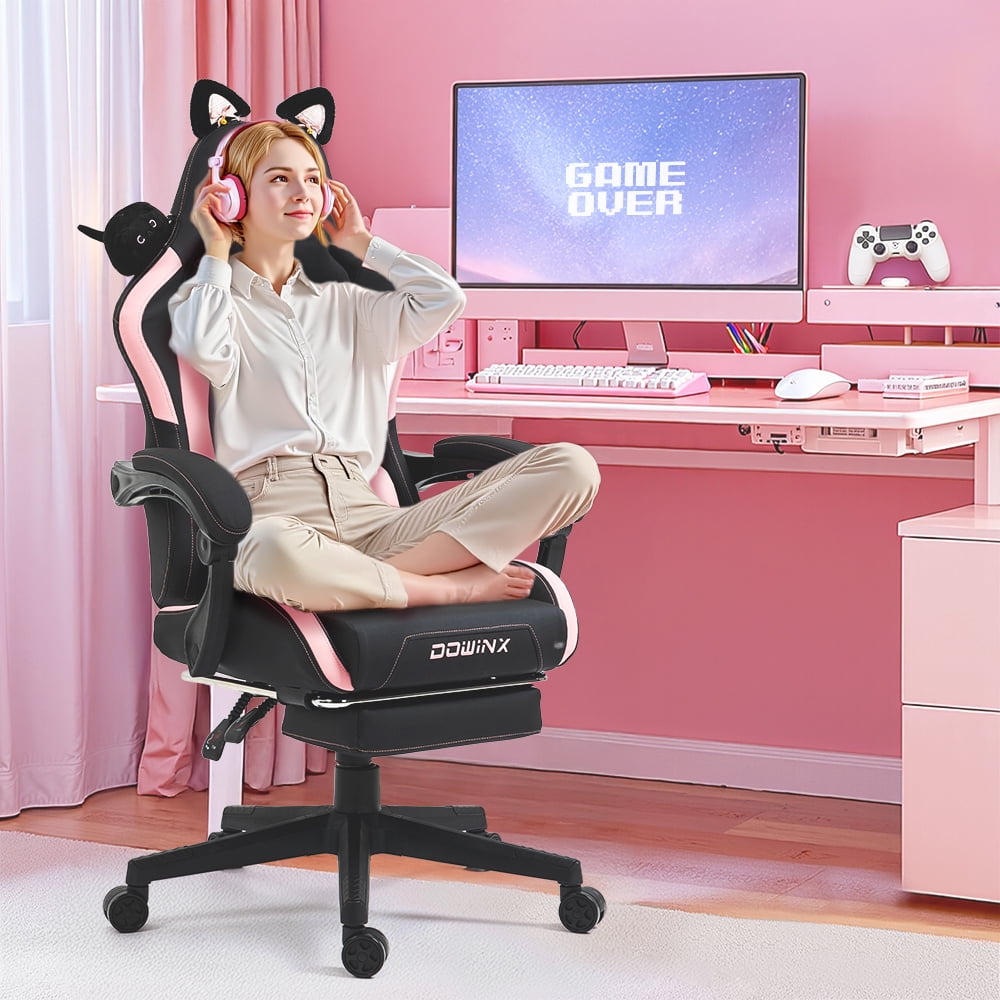KARXAS Adult Cat Leather PC Gaming Chair with Massage Lumbar and Footrest,  Black and Pink