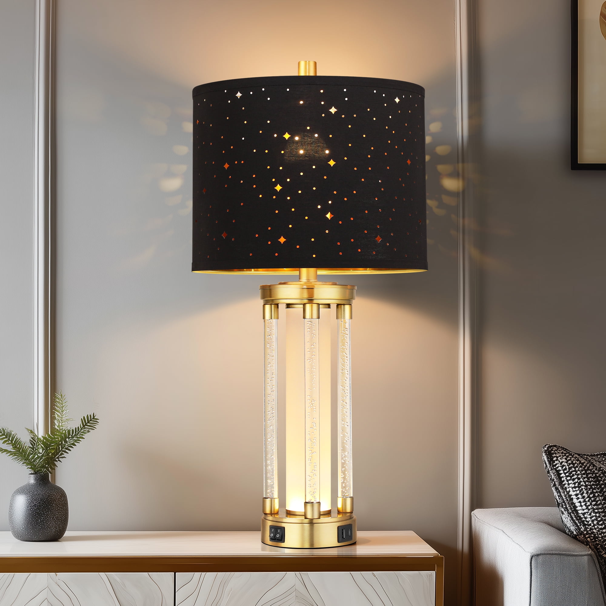 25" Morden Table Lamps Set of 2 with USB A+C Ports and Night Light, Unique Star Hallow Black Shade Lamp for Bedroom,Living Room (Bulb Included)