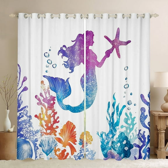 Erosebridal Mermaid Print Curtains and Drapes (38x45), Colorful Coral 30%-50% Blackout Curtains for Bedroom, Dreamy Fairy Tale Curtains for Living Room, Bedroom Curtains Bedroom Decoration