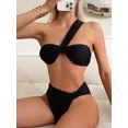thumbnail image 1 of Conjunto de bikini con hombro descubierto para mujer, traje de baño de dos piezas con realce, cintura alta, color negro, 2024, 1 of 5