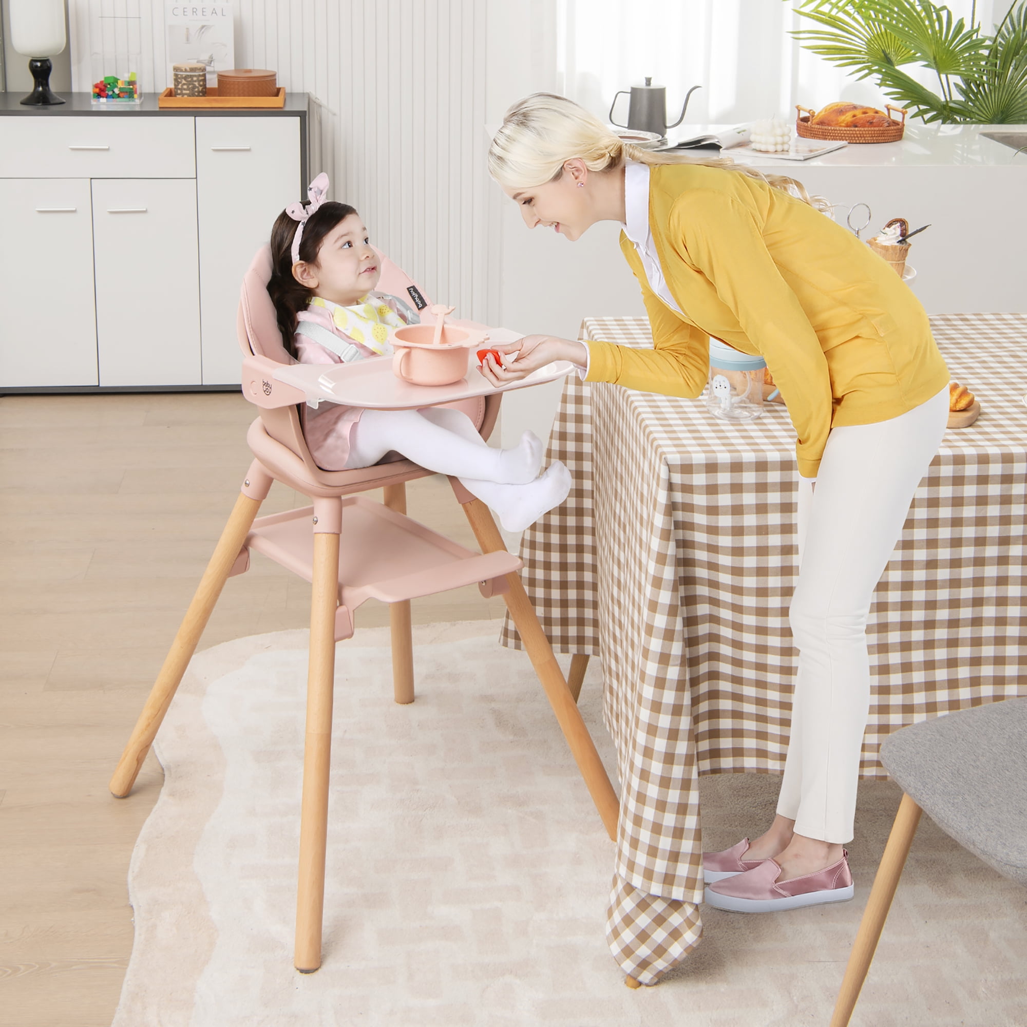 Costway 6-in-1 Convertible Wooden Baby Highchair Infant Feeding Chair with Removable Tray Pink