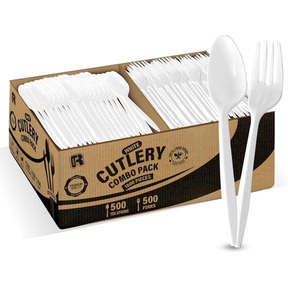 1000 Pcs Plastic Utensils Set - 500 Forks And Spoons Premium Mum Weight Silverware Bulk Disposable Cutlery