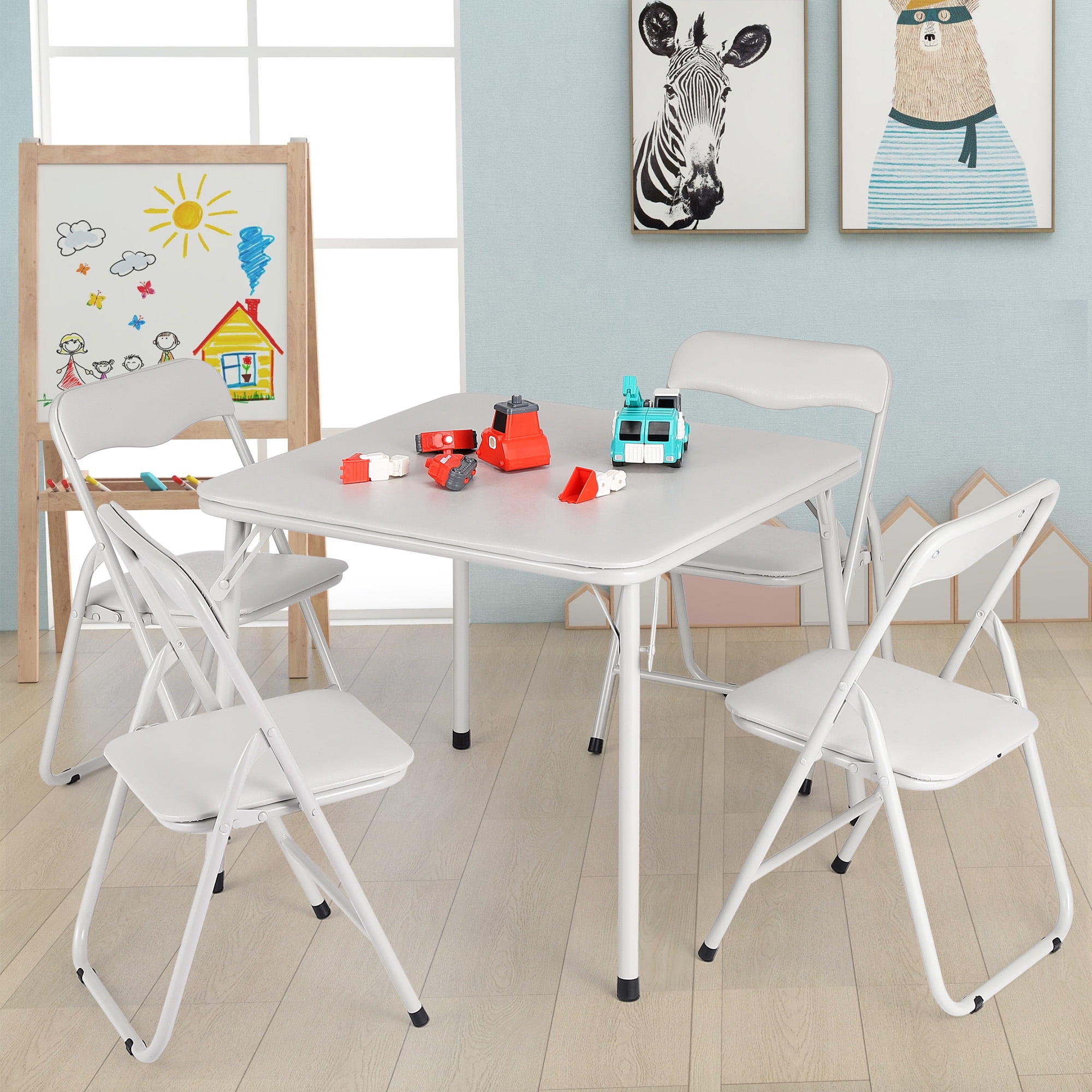 Black 5-Piece Kids Folding Table and Chair Set - Upholstered Metal Frame Activity Table Set for Eating, Reading & Playing