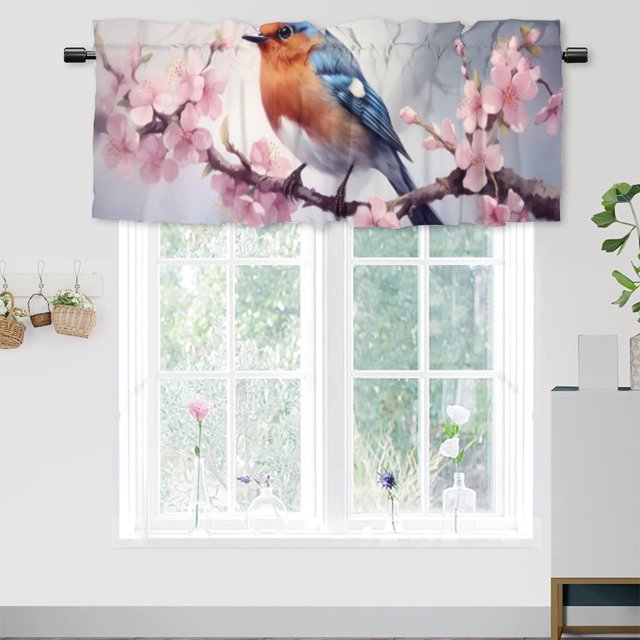 Cortinas opacas con diseño de pájaros y flores, color rosa, para sala de estar, dormitorio, baño, cenefas con diseño de pájaros en la rama de un árbol, 137 x 45 cm (1 unidad)