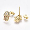 thumbnail image 2 of 2pairs Brass Micro Pave Cubic Zirconia(Random Mixed color) Ear Studs with Ear Nuts Hamsa Hand/Hand of Fatima/Hand of Miriam Golden 11x9mm Pin: 0.7mm, 2 of 2