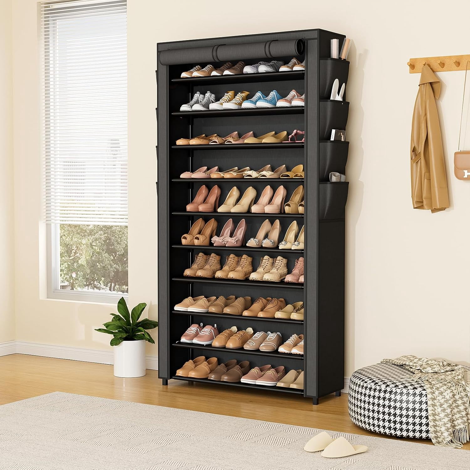 Tall Shoe Rack with Cover, 10 Tier Shoe Organizer Storage for 50-55 Pairs Shoes and Boots Large Capacity Shoe Shelf with 8 Pockets Free Standing Shoe Rack for Closet, Entryway, Garage