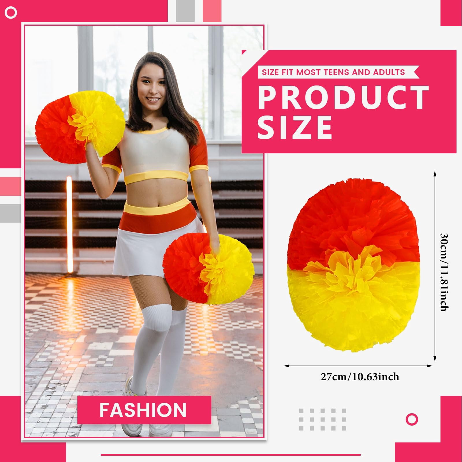 Cheer Pom Poms 20 Pcs with Handle, Cheerleading Handheld Squad Pompoms for Sports Team Cheer Spirit Games Dance Party Adults