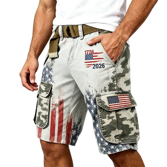 CAIVO Men's Independence Day Cargo Shorts Comfortable Patriotic Relaxed Fit Knee Length Casual American Flag Print Summer 1776-2026 Bottoms With Pockets For Outdoor Activities