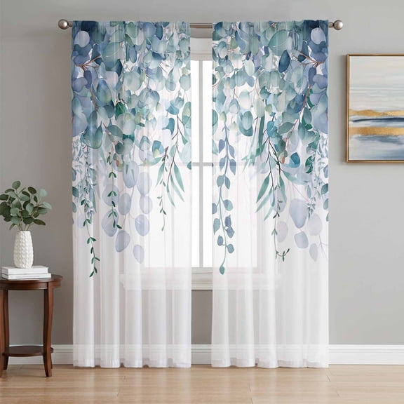 Teal Blue Eucalyptus Leaves Semi Sheer Window Curtains 108 Inches Long, Spring Floral Summer Botanical Rod Pocket Voile Chiffon Curtain Light Filtering Drapes for Living Room, 52"x108", 2 Panels