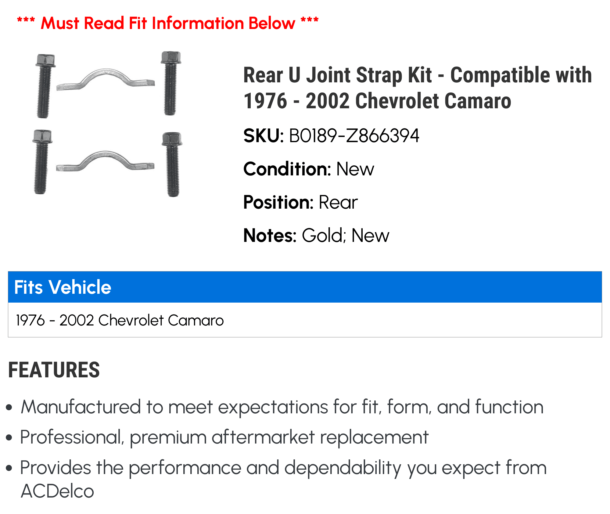 Rear U Joint Strap Kit - Compatible with 1976 - 2002 Chevrolet Camaro - AC Delco