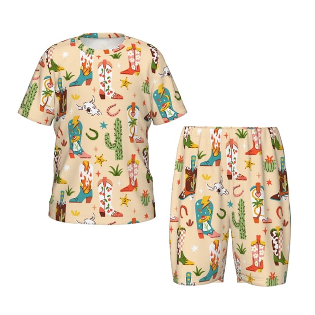 Cauagu Chaussures Western Américaines Groovy pour Enfants Ensemble de Pyjamas à Manches Courtes, Ensemble d'Été pour Enfants Col Rond Pjs Ensemble 2 Pcs Parfait pour Petits Garçons Filles-Moyen