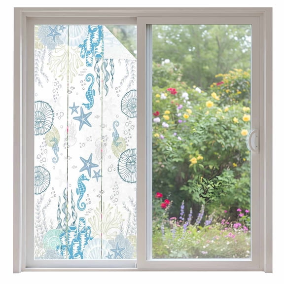 Coastal Blue Window Privacy Film, Ocean Coral Starfish Jellyfish Seahorse Static Cling UV Sun Blocking Heat Control Window Tint Day and Night, Non-Adhesive One Way Windows Privacy Cover 35.4''x78.7''