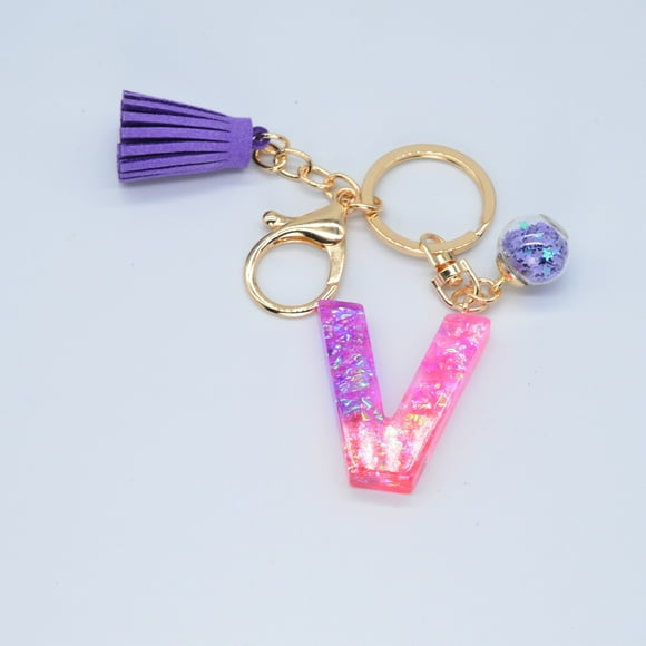 SIfdSeng Décorations Suspendues Extérieures Porte-Clés Lettre en Résine Scintillante Lumineuse, Couture de Couleur Couture Fluide Soverell, Porte-Clés Goutte de Colle Violette English Character