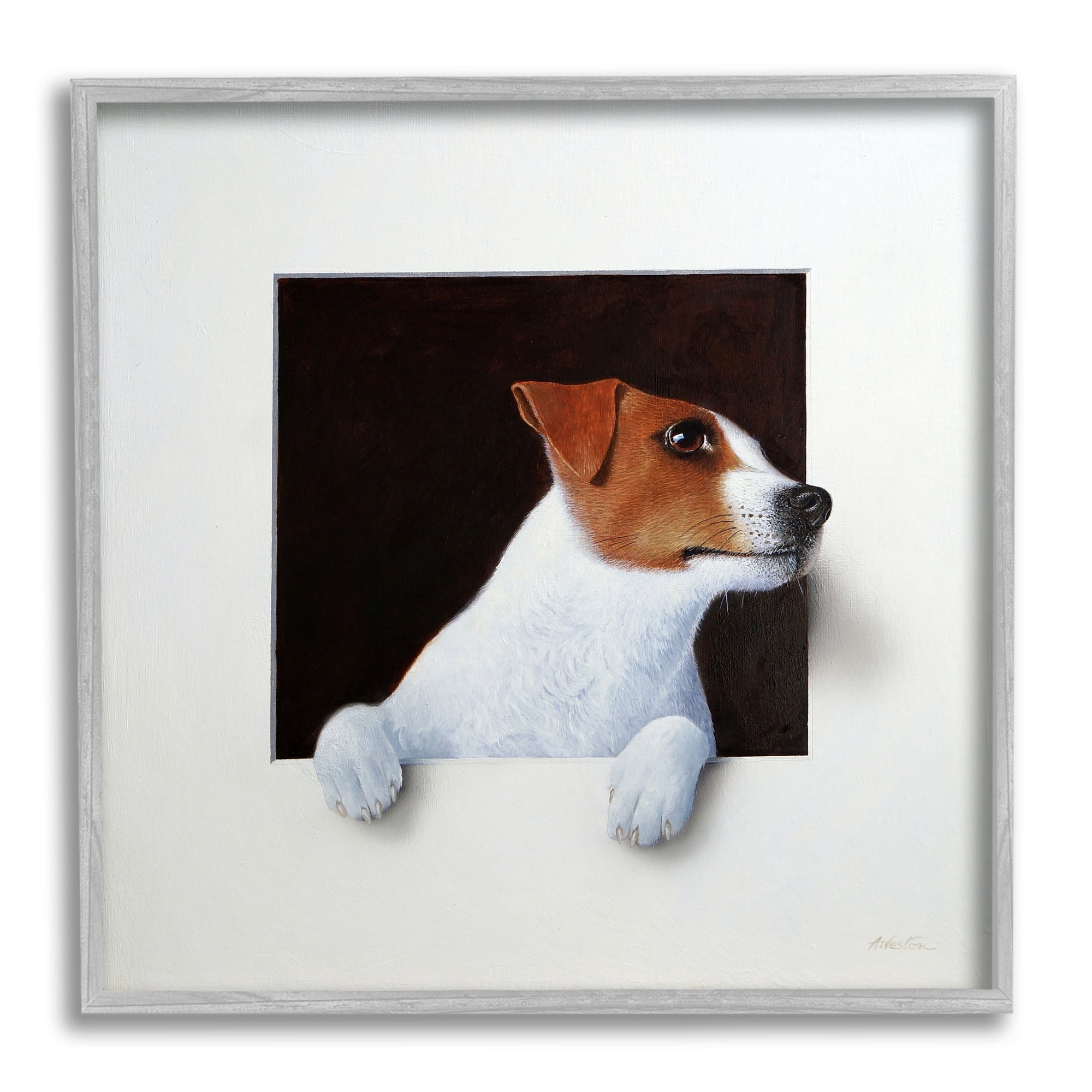 Stupell Industries Jack Terrier Dog Peering Dreamlike Illusion Space Painting Gray Framed Art Print Wall Art, Design by Alan Weston