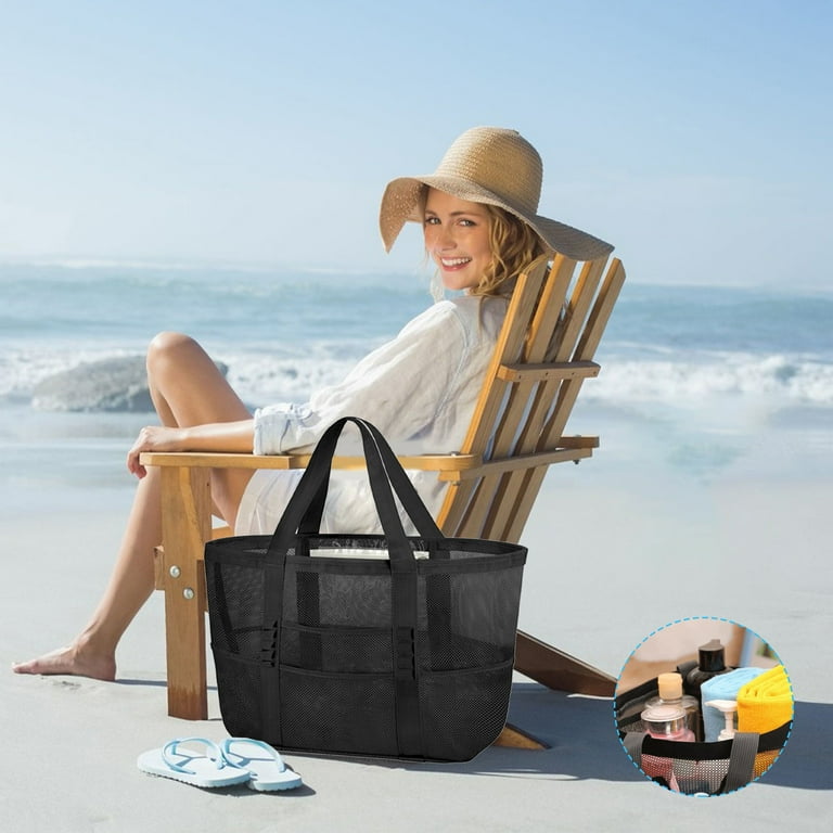 LHNFT Mesh Portable Beach Bag, Foldable Swim with Hand