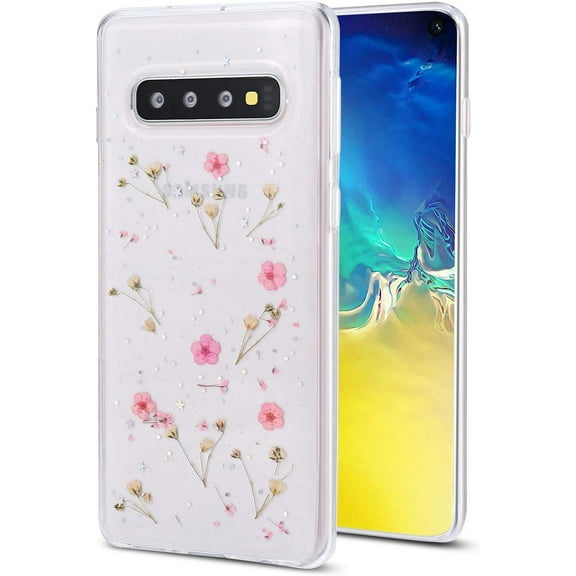 Galaxy S8 Flower Case, Soft Clear Flexible Rubber Pressed Dry Real Flowers Case Girls Glitter Floral Cover for Samsung Galaxy S8 -Pink