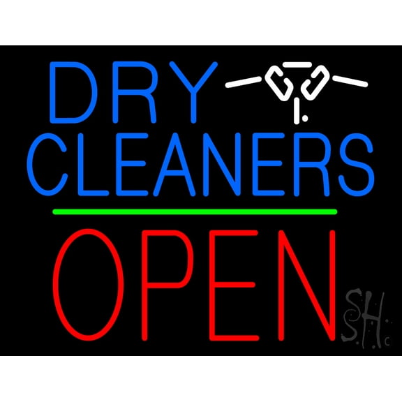 Dry Cleaners Logo Block Open Green Line LED Neon Sign 24" Tall x 31" Wide - inches, Black Square Cut Acrylic Backing, with Dimmer - Bright and Premium built indoor LED Neon Sign for Storefront.